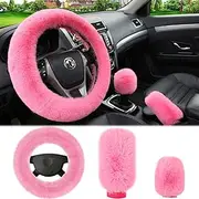 Womens Winter Fashion Wool Fur Steering Wheel Covers 3Pcs Set, Soft Fluffy Handbrake Cover Fluff Gear Shift Cover Plush Fuzz Warm Non-Slip Car Decoration Short Hair (Pink, 15 icnh)