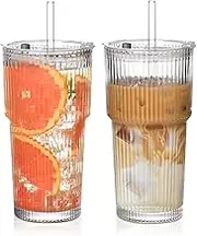 AUMA 20 oz Ribbed Glass Tumblers with Lids and Straws –2Pack Glassware Set, Thickened Glass, Ideal for Iced Coffee, Smoothies, Cocktails, and Juices – Elegant and Durable Drinkware