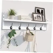 Wall-Mounted Wood Shelf with 5 Dual Hooks for White-28.9IN with shelf