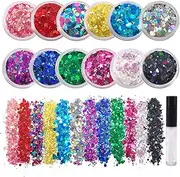 12 Pack - Multi-Colored Face & Body Glitter - Glue Included - Rainbow Chunky Glitter - Uses Include: Festival Rave Makeup Face Body Nails Resin Arts & Crafts, Resin, Tumblers, Bath Bombs