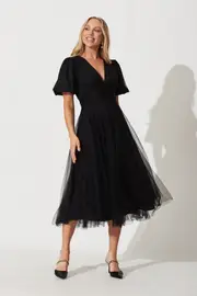 Women's Cocktail Juliet Midi Dress Short Sleeve in Black Tulle 8