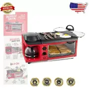 Multi-Function Breakfast Station: Non-Stick Griddle & 4-Slice Toaster Oven - Red