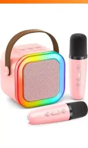 Karaoke machine for kids and adults, 2 portable mini microphones (pink)