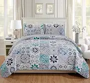 Mk Home 3pc King/California King Oversized Quilted Bedspread Coverlet Set Floral Pattern White Grey Blue New
