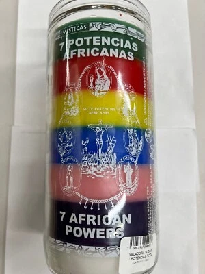 7 AFRICAN POWERS UNSCENTED 7 COLOR 14 DAY CANDLE IN GLASS (SIETE POTENCIAS AFR.)