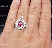 18k Solid White Gold Natural Diamond & Pear Shape Ruby Ring 3.88 ct Cocktail