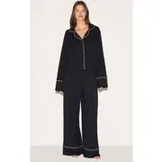 Black Modal Piping Long Pj Set, Black