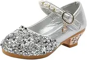 [Huicai] Girl's Princess Performance Shoes Sequins Wedding Party Dress Shoes Low Heeled Mary Jane High Heel Crystal Leather Shoes