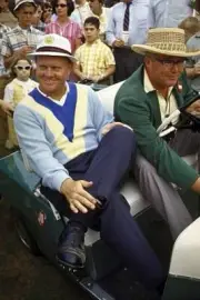 Jack Nicklaus smiling and sitting in cart with official during tou- Old Photo