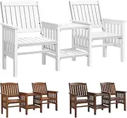 ALFORDSON Outdoor Loveseat Table Set,Wooden Garden Bench Furniture Set with Solid Construction, Durable Fir Wood Twin Integrated Armchairs with Double-Deck Coffee Table for Patio Lawn Balcony, White
