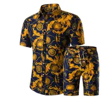在飛比找蝦皮商城精選優惠-2021 年夏季男士時尚金色奢華設計師襯衫套裝花式夏威夷沙灘