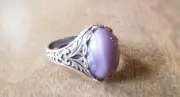Purple moonstone glass ring, adjustable, silvertone, vintage cabochon filigree