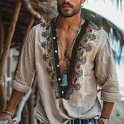 Men's Shirt Summer Shirt Casual Shirt Beach Shirt khaki Long Sleeve Embroidery Bohemian Deep V Vacation Hawaiian Ethnic Clothing Apparel Polyester Fashion Casu