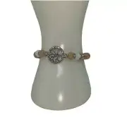 Gold & White Beaded Silver-Tone Tree of Life Pendant Rhinestone Stretch Bracelet