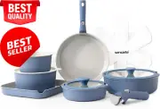 17Pcs Ceramic Cookware Set, Nonstick, Detachable Handle, Induction Safe, Navy.