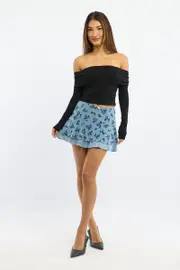Blue Floral Mini Skirt Elastic Waist Skater Layered Burnout - Size 14L, Women's Mini Skirt
