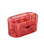 Catzon Mesh Desk Organizer with 8 Compartments & 1 Drawer for Home School-Red