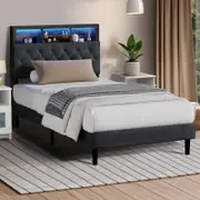 Oikiture Bed Frame King Single With LED Storage Headboard