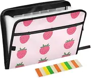 Quteprint 13 Pockets Expanding File Folder with Zipper Closure, Pink Strawberry Pattern Accordion File Folder with Sticky Labels, Letter Size A4 Papers Expandable File Document Organizer