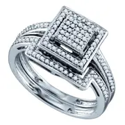 Sterling Silver Diamond Square Cluster Bridal Wedding Ring Set 1/3 Cttw