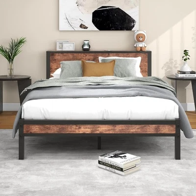 Queen Size Bed Frame with Wood Headboard Platform Bed Frame with Storage Headboa