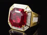 Yellow Gold Finish Royal Asscher Cut Lab created Ruby Real Diamonds Statement...