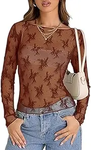 [OOHOKAY] Women's Lace Top Mesh Sheer Basic Shirt Sexy Blouse Transparent Tops Transparent Long Sleeve