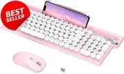 Wireless Typewriter Keyboard & Silent Mouse Combo, Pink with Phone Holder, 2.4G