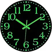 JoFomp Wooden Glow in The Dark Clock, 12 inch Silent Non-Ticking Battery Operated Clock, Energy-Absorbing Luminous Numerals and Hands, Lighted Wall Clock Decoration