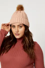 Pink Plus Faux Fur Pom Pom Cable Detail Beanie