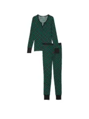 Victoria's Secret Thermal Long Pajamas Set XL Regular Green/Black Plaid VS121 PJ