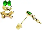 [JewelryWeb] 14k Yellow Gold Green CZ Simulated Diamond Frog Shaped Screw Back Earrings 10x7mm Stud Earring for Women