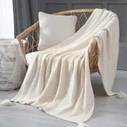 130*170cm Knitted Throw Blanket with Tassels Super Soft Microfiber Throws for Couch Living Room Sofa Bed Decorative - Beige