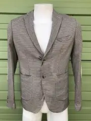 ZARA MAN BEIGE BLACK STRUCTURED BLAZER ELBOW PATCHES POCKET US 46 $129 #5848