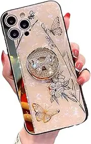 for iPhone 11 Pro Max Phone Case for Women,Cute Glitter Girly Butterfly Floral Design with Ring Kickstand,Luxury Plating Pearly Hard Back Pretty Bling Diamond Cover for iPhone 11 Promax Pink 6.5''