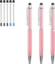 Ballpoint Pens 3 pcs 2 in 1 Bling Crystal Diamond Pen Capacitive Touch Screen Stylus with Replacement Refills Black Blue Ink Rubber Tips for iPhone iPad Kindle Touchscreen Devices Pink