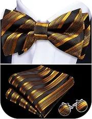 [Barry.Wang] Men's Paisley Silk Pre-tied Bow Tie Set Pocket Square and Cufflinks for Weddings and Formal Events, Gold Black, One Size