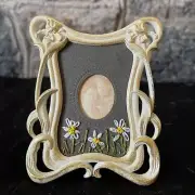 Antique framed tintype with daisy embroidery, one of a kind mixed media art