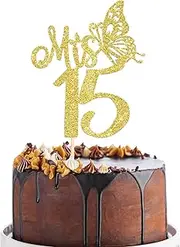 Rsstarxi 1 Pack Mis 15 Cake Topper Happy 15th Birthday Cake Decorations Gold Glitter Hello 15 Fabulous Cake Pick for Cheers to 15 Years Old Birthday Wedding Anniversary Party Decotations