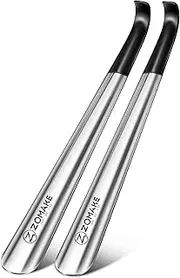 [ZOMAKE] Long Shoehorn-42CM Metal Shoe Horn Long Handle with Leather Strap for Wear Shoes 2 Pcs