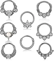[POATOW] 8PCS 16G Septum Clicker Ring Stainless Steel CZ Opal Cartilage Helix Tragus Hoop Daith Earrings Nose Rings Hoop Hinged Segment Clicker Ring Piercing Jewelry