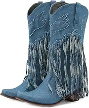 [Hcclijo] Winter Western Women Mid-Calf Boots Cowboy Blue Fringe Denim High Block Heels Winter Tassel Slip-On Half Boots