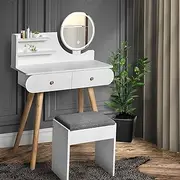 LEVEDE Vanity Desk with Mirror and Stool, Wooden Dressing Table Set with Drawers and Shelves, 3 Colors LED Light Makeup Table for Bedroom, Dressing Room (White)