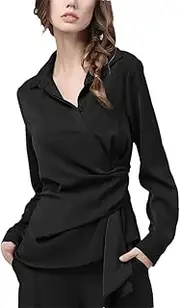 [Generic] Women Asymmetrical Long Sleeve Lace Shirt Solid Color Turn-Down Collar Top Spring Summer Office Blouse