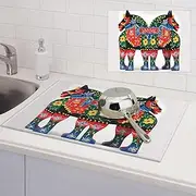 Runner Swedish Dala Horse Folk Dish Drying Mats for Kitchen Counter, Absorbent Microfiber Kitchen Dishes Drainer Mat Large Dish Drying Pad with Hook Coffee Mat Kitchen Accessories 18x24 Inch
