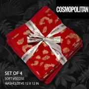 SET OF 4 New COSMOPOLITAN Animal Leopard Red Brass Tone Viscose Washcloths