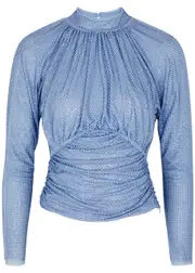 Self-portrait Crystal-embellished Ruched Mesh top - Light Blue - 12 (UK12 / M) 12 (UK12 / M)