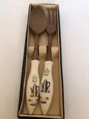 Vintage Wooden Spoon and Fork Set Coffee Pot With Flowers 11"
