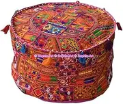 Sophia Art Indian Embroidered Patchwork Cover Indian Decorative Pouf Indian Comfortable Floor Cotton Cushion Ottoman Pouf,Indian Designs Ethnic Patchwork Pouf (Pink Rajkoti, 18"x13")