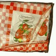 Vinyl laminate felted back strawberry red checkered tablecloth 60 in round Vntg